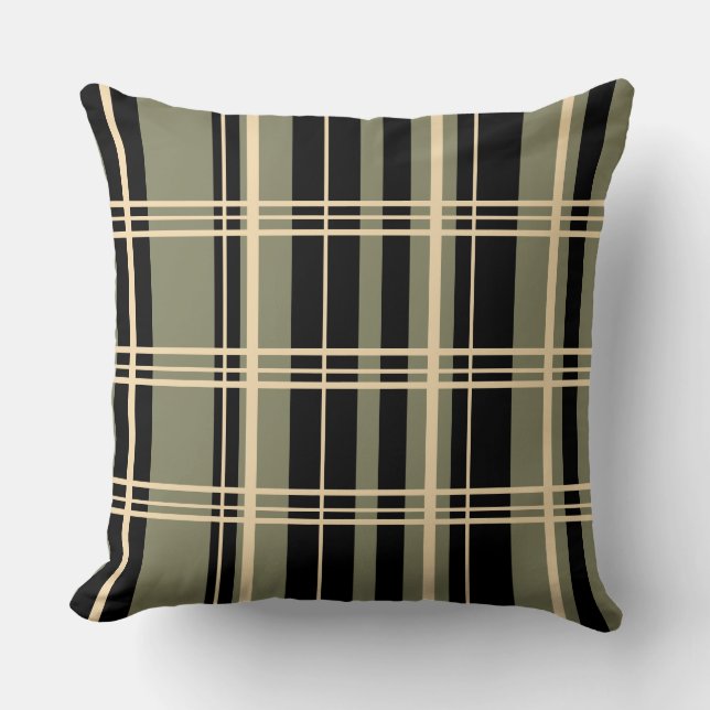 Traditional Plaid Black, Butter Cream, Sage Green Throw Pillow (Front)