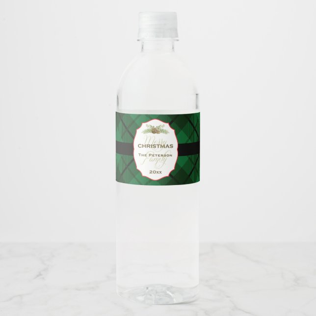 Traditional, Plaid Christmas Water Bottle Label (Front)