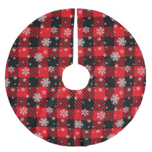 Traditional Plaid Red and Black with Snowflakes Brushed Polyester Tree Skirt