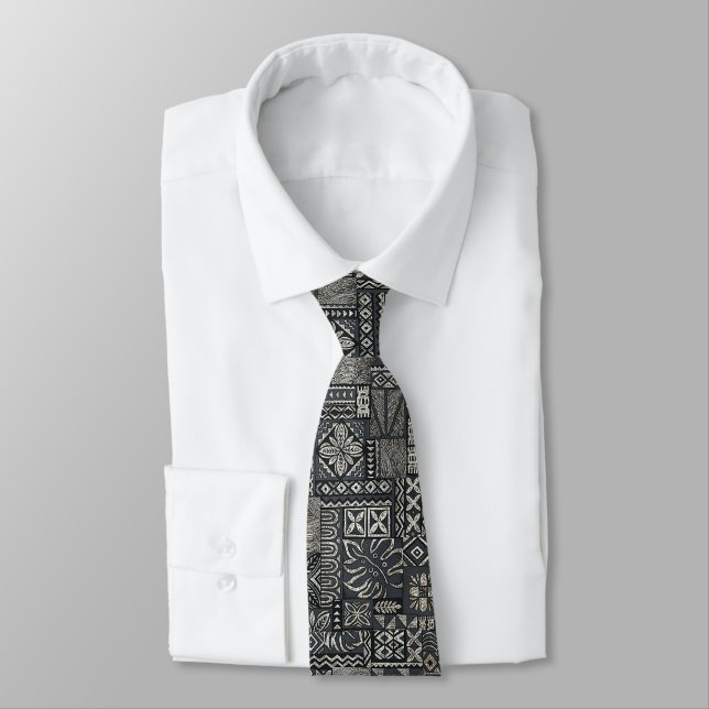 Traditional Polynesian Tapa Cloth Pattern Neck Tie (Tied)