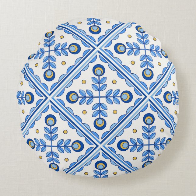 Traditional Portugal Lisbon azulejo ceramic tiles. Round Pillow (Front)