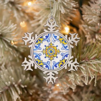 Traditional Portuguese Azulejo Tile Snowflake Pewter Christmas Ornament by wheresmymojo at Zazzle