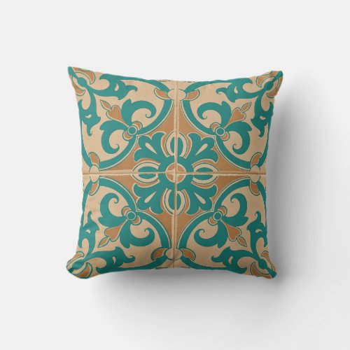 Traditional Portuguese Azulejo Tile  taupe teal Throw Pillow