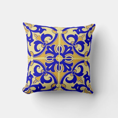 Traditional Portuguese Azulejo Tile  yellow blue Throw Pillow