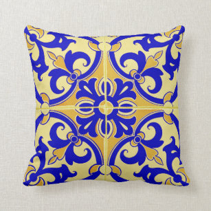 Traditional Portuguese Azulejo Tile   yellow blue Throw Pillow