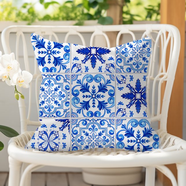 Traditional Portuguese Tile Pattern Blue White Outdoor Pillow (Creator Uploaded)