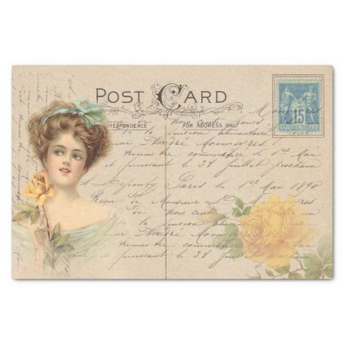 Traditional PostcardVictorian Lady With Roses Tissue Paper