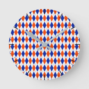 Traditional Preppy Argyle in Orange and Blue Round Clock