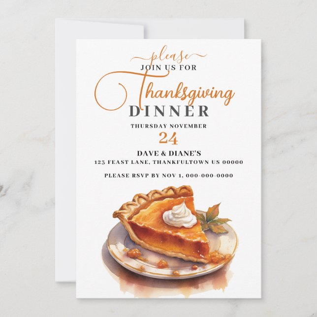 Traditional Pumpkin Pie Thanksgiving Dinner Invitation (Front)