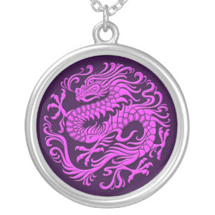 Traditional Purple Chinese Dragon Circle Silver Plated Necklace