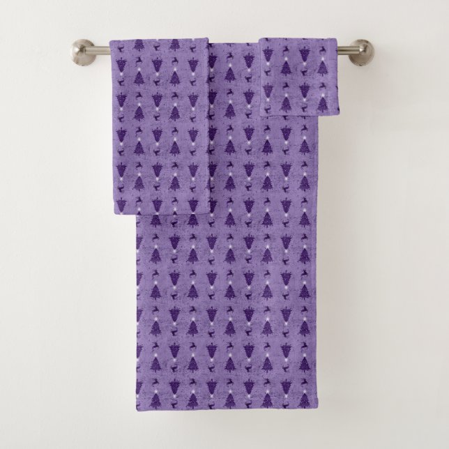 Traditional Purple Christmas Trees & Reindeer Bath Towel Set (Insitu)