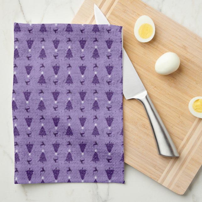 Traditional Purple Christmas Trees & Reindeer Kitchen Towel (Quarter Fold)