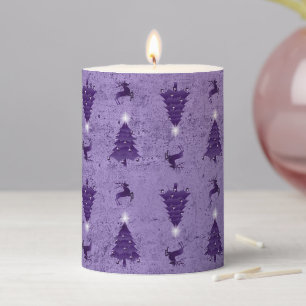 Traditional Purple Christmas Trees & Reindeer Pillar Candle