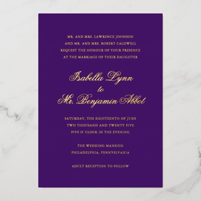 Traditional Purple Formal Elegant Wedding Foil Invitation (Front)