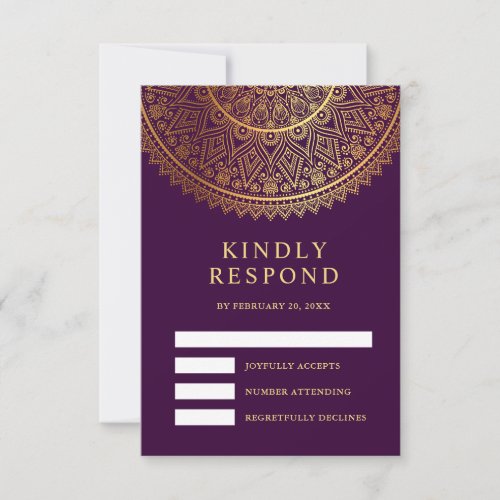 Traditional Purple Gold Mandala Indian Wedding RSVP Card
