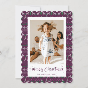 Traditional Purple Green Photo Merry Christmas Holiday Card