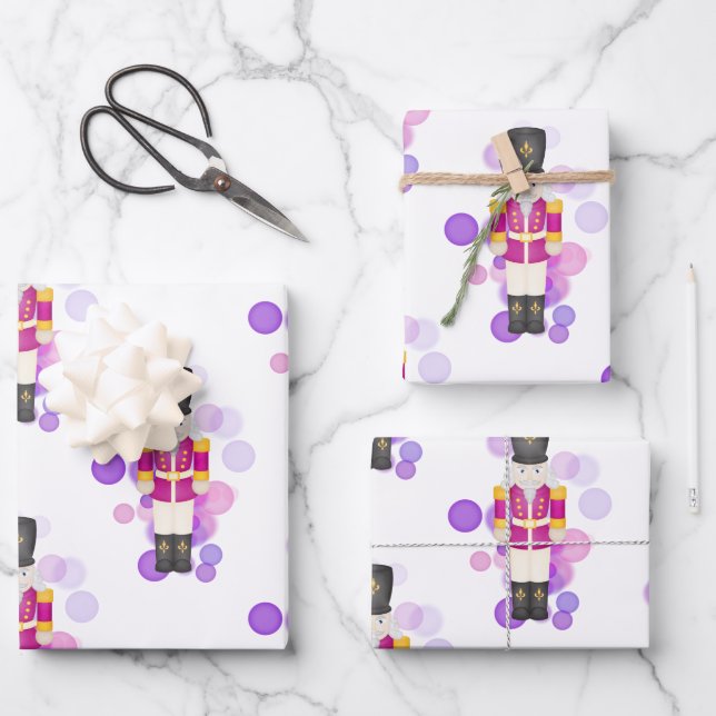 Traditional Purple & Pink Christmas Nutcracker Wrapping Paper Sheets (Front)