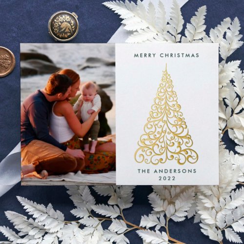 Traditional Real Gold Christmas Tree  Photo Happy Foil Holiday Card