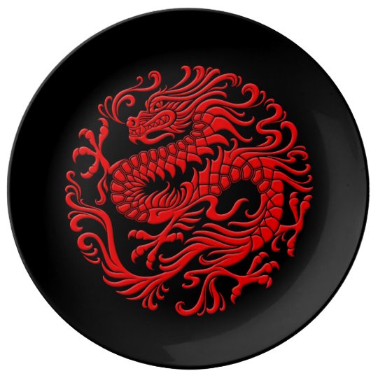 Traditional Red and Black Chinese Dragon Circle Dinner Plate