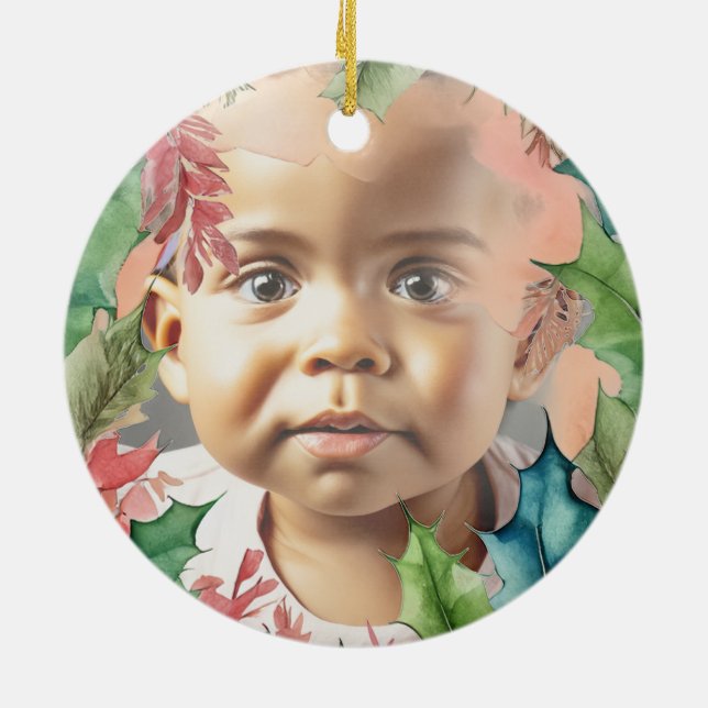 Traditional Red and Green Christmas Holiday Photo Ceramic Ornament (Back)