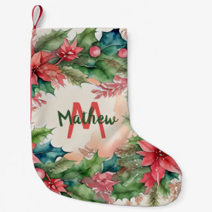 Traditional Red and Green Christmas Holly Wreath Small Christmas Stocking