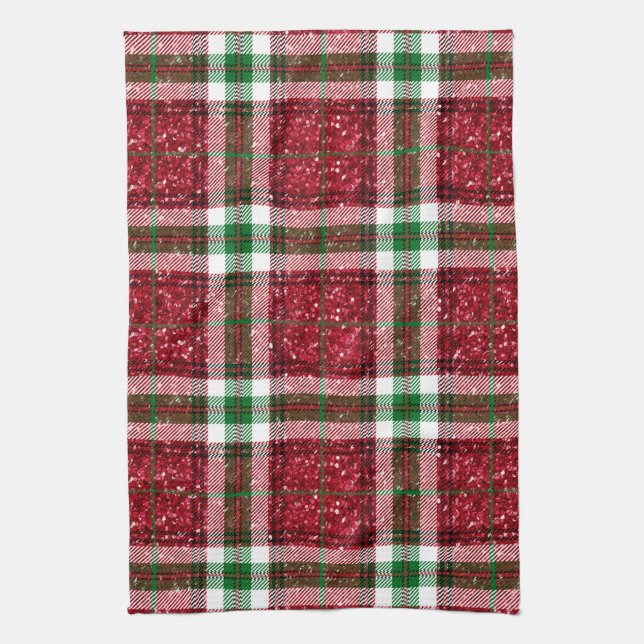 Traditional Red and Green Christmas Plaid Glitter Kitchen Towel (Vertical)