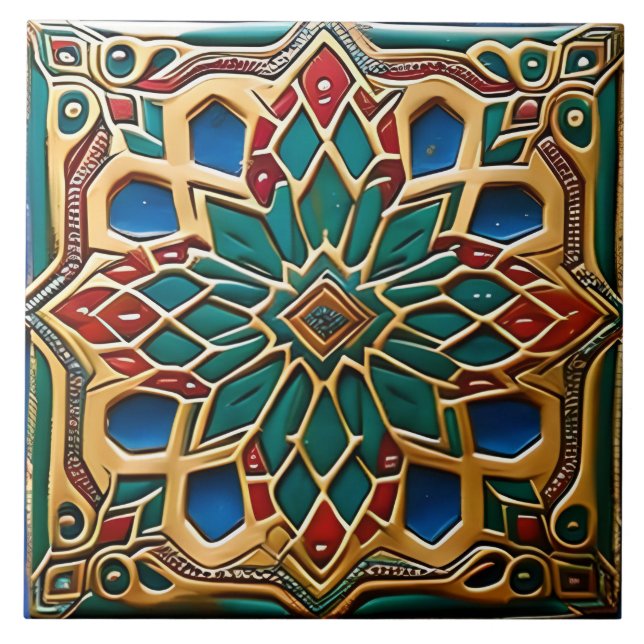 Traditional Red and green flower ceramic art  Tile (Front)