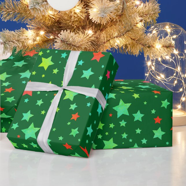 Traditional Red and Green Holiday Stars Pattern Wrapping Paper (Holidays)