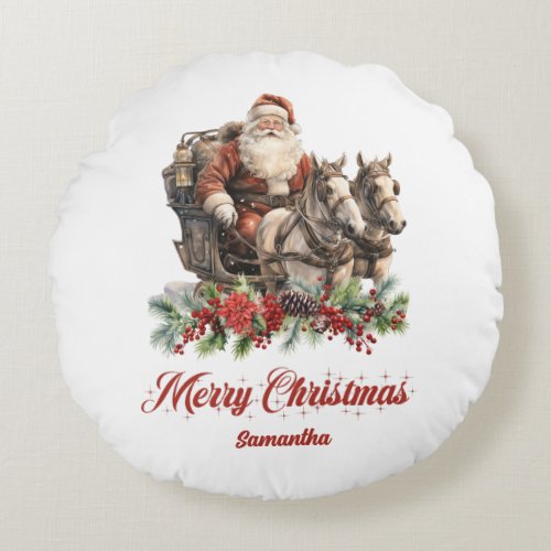 Traditional red and green Santa horse_drawn sleigh Round Pillow