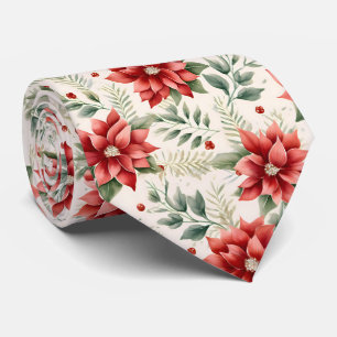 Traditional Red and Green Watercolor Poinsettia Neck Tie