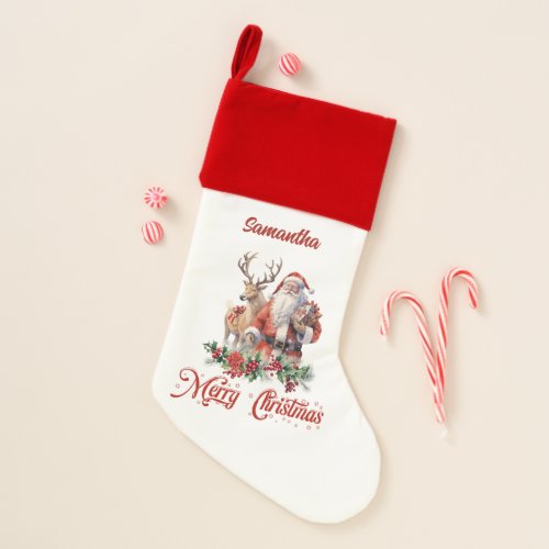 Traditional red and white wreath Santa reindeer  Christmas Stocking