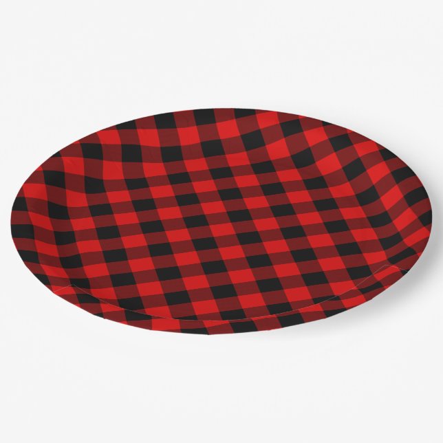 Traditional Red Black Buffalo Check Plaid Pattern Paper Plates (Angled)