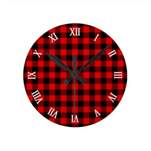 Traditional Red Black Buffalo Check Plaid Pattern Round Clock