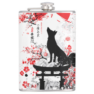 Traditional Red Black Japanese Kitsune Fox with Mo Flask