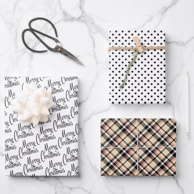 Traditional Red Black White Taupe Beige Plaid Wrapping Paper Sheets (Front)