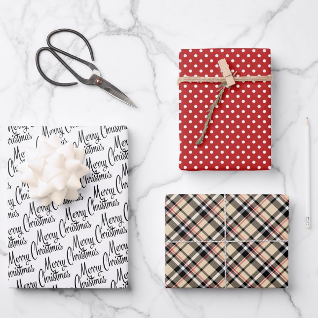 Traditional Red Black White Taupe Beige Plaid Wrapping Paper Sheets (Front)