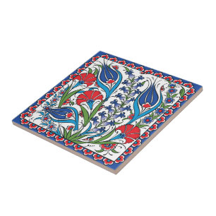 Traditional Red Blue Floral Turkish Ottoman Iznik Ceramic Tile