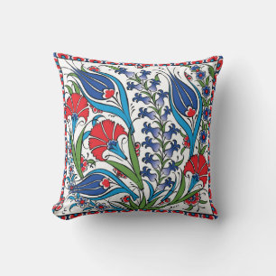 Traditional Red Blue Floral Turkish Ottoman Iznik Throw Pillow