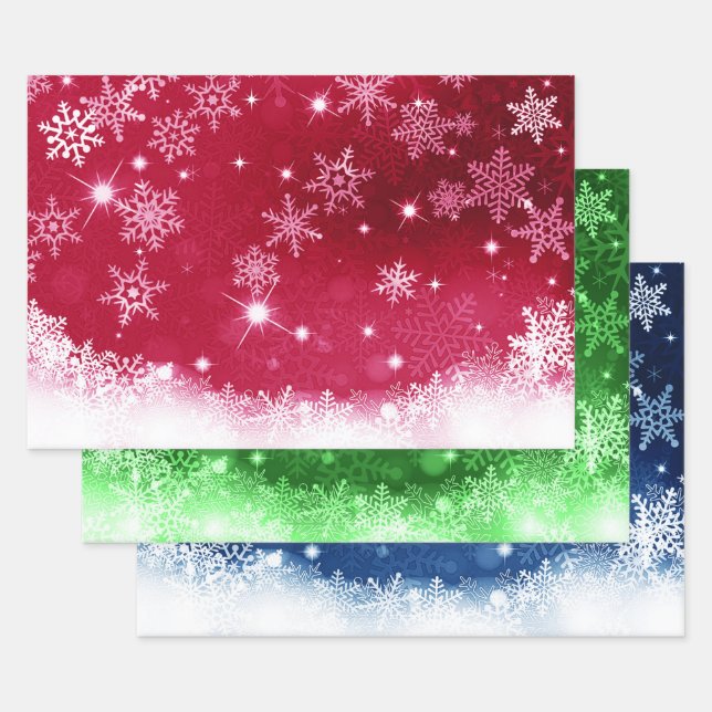 Traditional Red Blue & Green Snowflake Motif Wrapping Paper Sheets (Set)