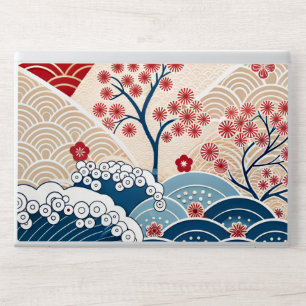 Traditional Red Blue Japanese Wave Sakura Pattern HP Laptop Skin