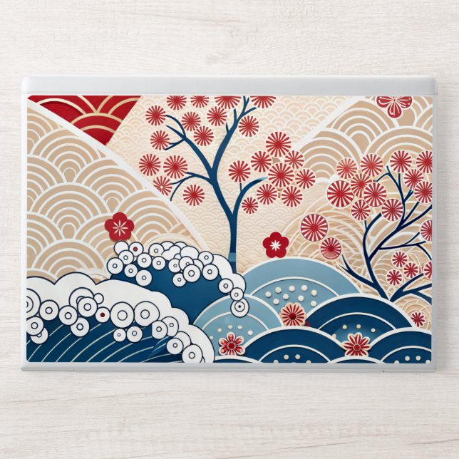 Traditional Red Blue Japanese Wave Sakura Pattern HP Laptop Skin (Front)