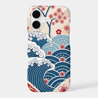 Traditional Red Blue Japanese Wave Sakura Pattern iPhone 17 Case