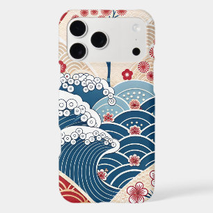 Traditional Red Blue Japanese Wave Sakura Pattern iPhone 17 Pro Max Case