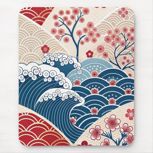 Traditional Red Blue Japanese Wave Sakura Pattern Mouse Pad (Front)