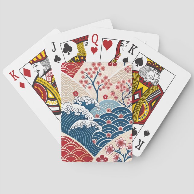 Traditional Red Blue Japanese Wave Sakura Pattern Poker Cards (Back)