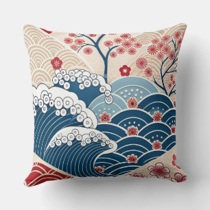 Traditional Red Blue Japanese Wave Sakura Pattern Throw Pillow
