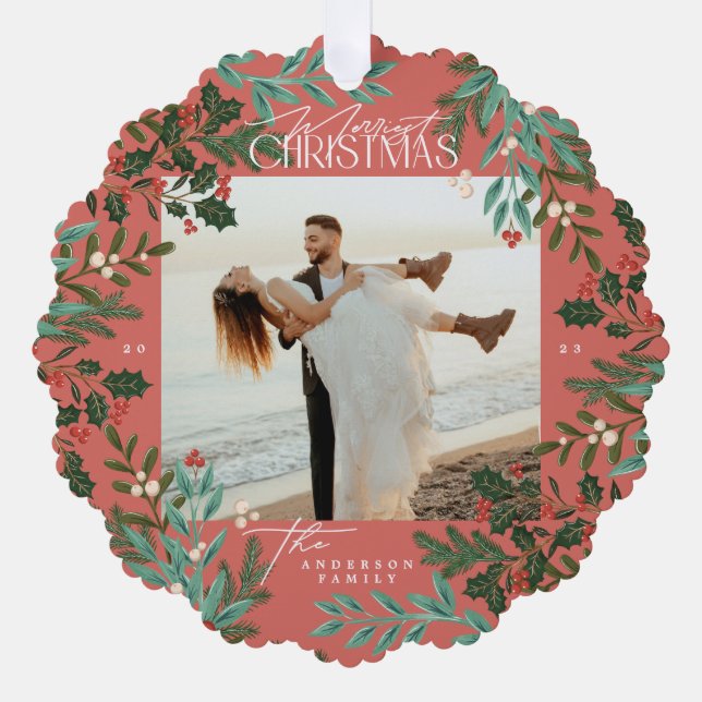 Traditional Red Botanical Christmas photo Ornament Card (Front)