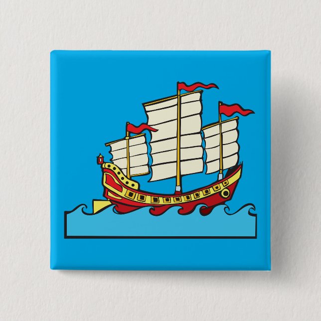 Traditional Red Chinese Junk Ship on Blue Waves Button (Front)