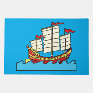 Traditional Red Chinese Junk Ship on Blue Waves Doormat