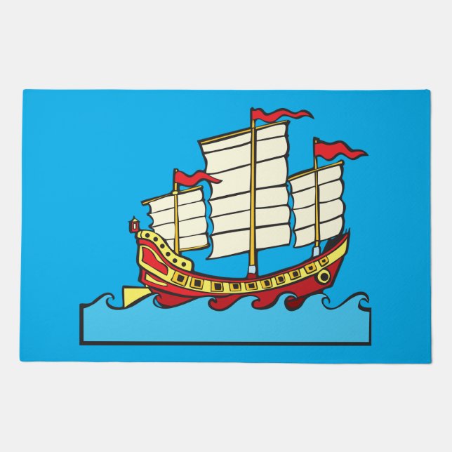 Traditional Red Chinese Junk Ship on Blue Waves Doormat (Front)